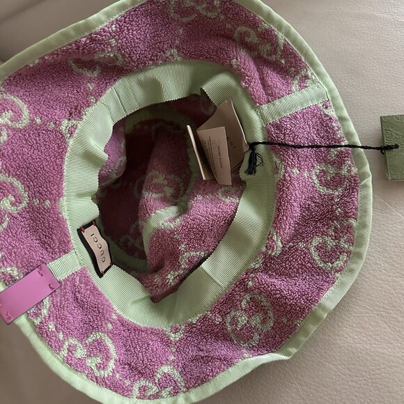 NWT Gucci Authentic Gg Jacquard Bucket Hat Terry Cloth Hat Green Sz S 100% Auth